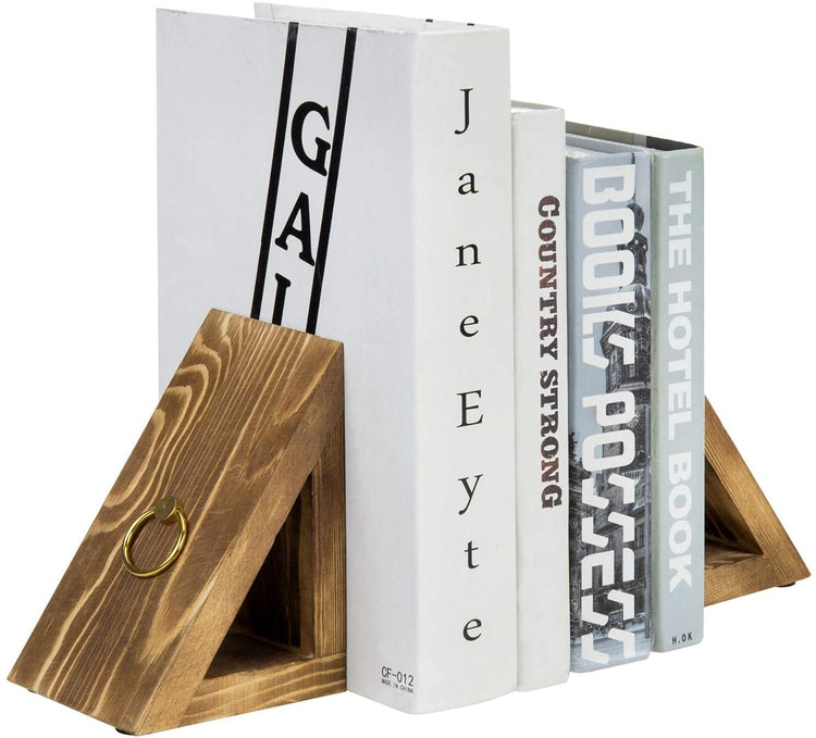 Burnt Wood Triangle Bookends with Brass Rings