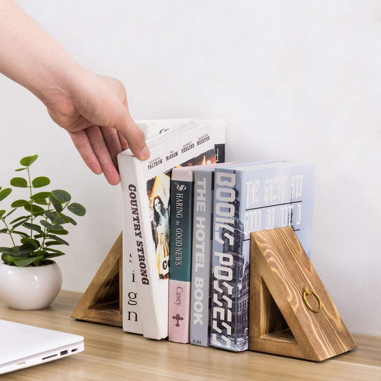 Burnt Wood Triangle Bookends with Brass Rings