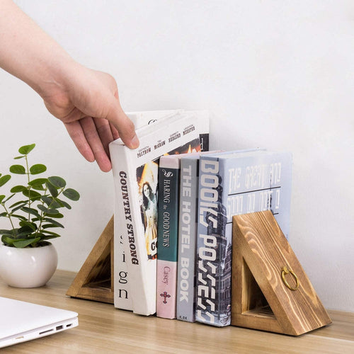 Burnt Wood Triangle Bookends with Brass Rings