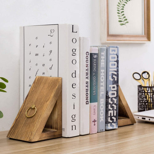 Burnt Wood Triangle Bookends with Brass Rings