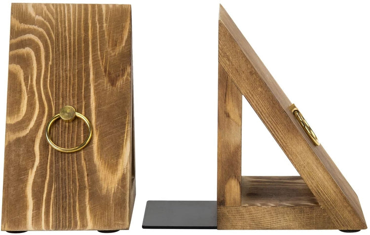 Burnt Wood Triangle Bookends with Brass Rings
