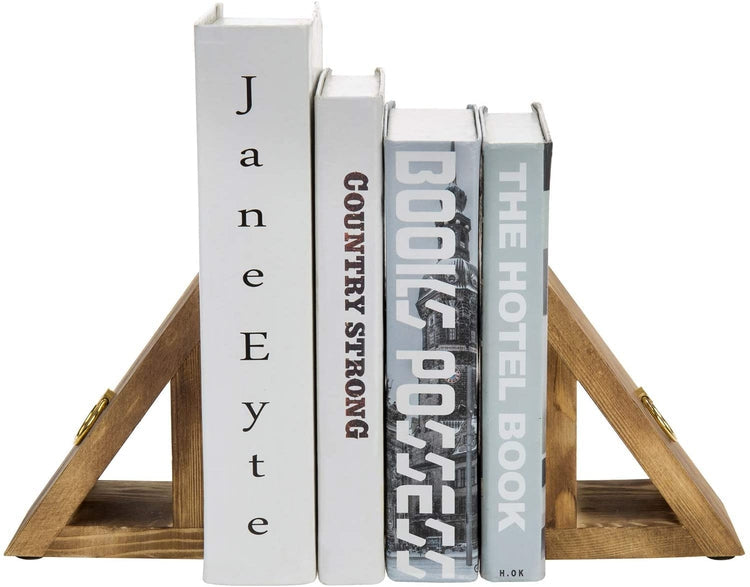 Burnt Wood Triangle Bookends with Brass Rings