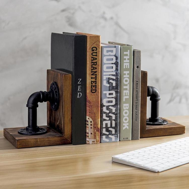 Brown Wood & Industrial Pipe Bookends