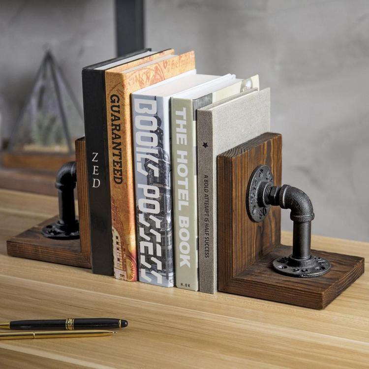 Brown Wood & Industrial Pipe Bookends