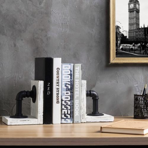 Whitewashed Wood & Industrial Pipe Bookends